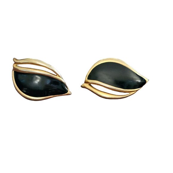 Vintage Monet Black & Gold Leaf Clip-On Earrings - Picture 1 of 2